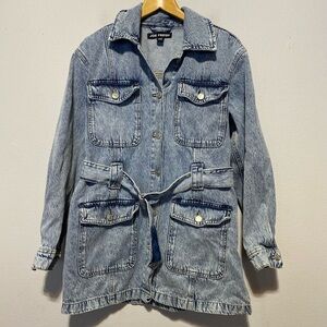 Joe Fresh Women’s Long Denim Jean Jacket Belted Medium Oversized Pockets
